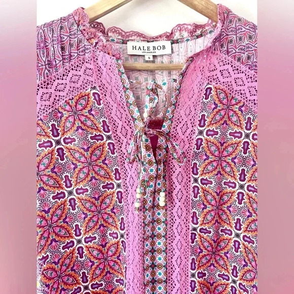 Hale Bob Los Angeles Adelaide Crochet Trim Pink Boho Pattern Blouse Size Small - Picture 7 of 15